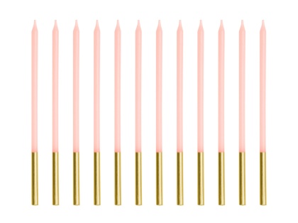 RÓŻOWE ŚWIECZKI ZE ZŁOCENIEM 12szt. URODZINY CHRZEST KOMUNIA