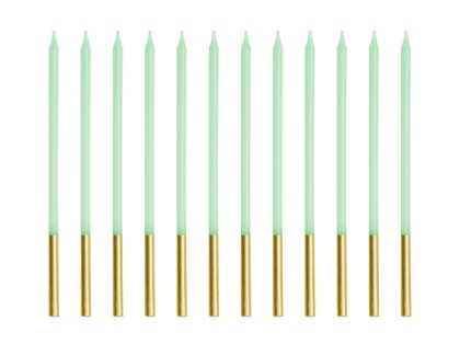 JASNOZIELONE ŚWIECZKI ZE ZŁOCENIEM 12szt. URODZINY CHRZEST KOMUNIA
