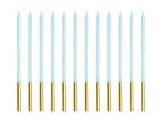 BŁĘKITNE ŚWIECZKI ZE ZŁOCENIEM 12szt. URODZINY CHRZEST KOMUNIA