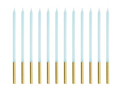 BŁĘKITNE ŚWIECZKI ZE ZŁOCENIEM 12szt. URODZINY CHRZEST KOMUNIA