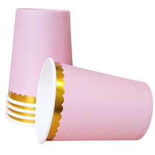 KUBECZKI PAPIEROWE RÓŻOWE ZE ZŁOCENIEM 6szt. KUBECZKI JEDNORAZOWE 18cm