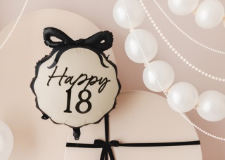 BALON URODZINOWY Z CYFRĄ 18 OKRĄGŁY 67cm ELEGANCKI Z KOKARDĄ