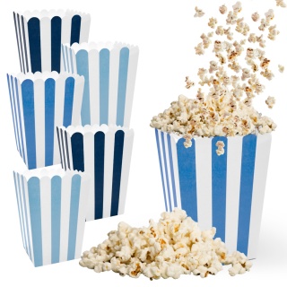 POPCORN BOX PUDEŁKA NA POPCORN 6szt. BIAŁO-NIEBIESKIE PASKI