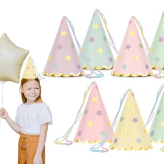 PAPIEROWE CZAPECZKI PASTELOWE W GWIAZDKI 6sztuk CZAPECZKI Z TASIEMKAMI