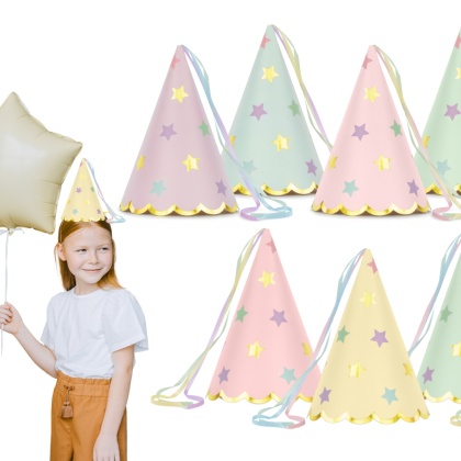 PAPIEROWE CZAPECZKI PASTELOWE W GWIAZDKI 6sztuk CZAPECZKI Z TASIEMKAMI