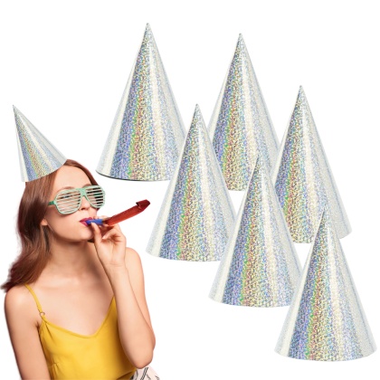 PAPIEROWE CZAPECZKI SREBRNE HOLOGRAFICZNE 6sztuk CZAPECZKI URODZINOWE