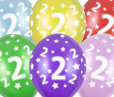 BALONY NA 2 URODZINY 30cm 6sztuk KOLOROWE BALONY Z CYFRĄ 2