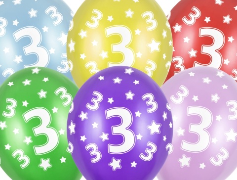 BALONY NA 3 URODZINY 30cm 6sztuk KOLOROWE BALONY Z CYFRĄ 3