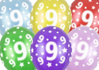 BALONY NA 9 URODZINY 30cm 6sztuk KOLOROWE BALONY Z CYFRĄ 9