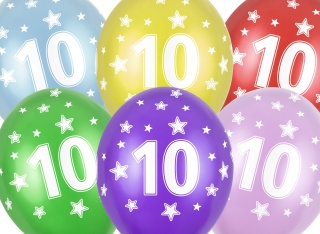 BALONY NA 10 URODZINY 30cm 6sztuk KOLOROWE BALONY Z LICZBĄ 10