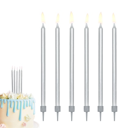 ŚWIECZKI URODZINOWE GŁADKIE SREBRNE 12szt. SREBRNE ŚWIECZKI 12,5cm