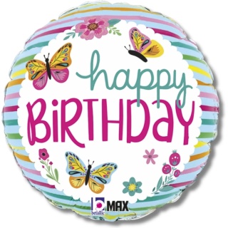 BALON URODZINOWY MOTYLE I KWIATY 46cm BALON W MOTYLE HAPPY BIRTHDAY