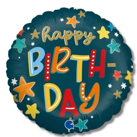 BALON URODZINOWY W KOLOROWE GWIAZDKI 46cm BALON HAPPY BIRTHDAY