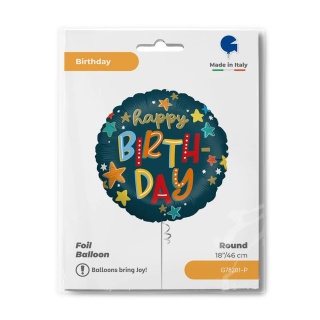 BALON URODZINOWY W KOLOROWE GWIAZDKI 46cm BALON HAPPY BIRTHDAY