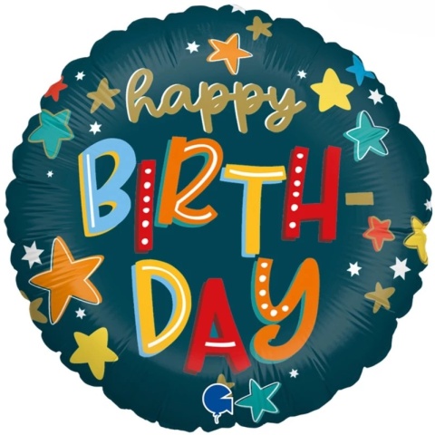 BALON URODZINOWY W KOLOROWE GWIAZDKI 46cm BALON HAPPY BIRTHDAY