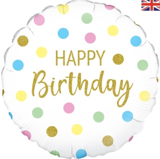 BALON URODZINOWY W PASTELOWE KROPKI 45cm BALON HAPPY BIRTHDAY