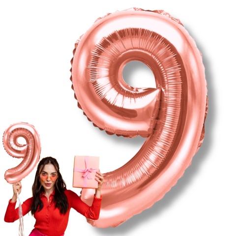 BALON FOLIOWY CYFRA 9 RÓŻOWE ZŁOTO 35cm MAŁA NA POWIETRZE