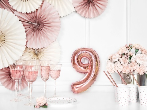 BALON FOLIOWY CYFRA 9 RÓŻOWE ZŁOTO 35cm MAŁA NA POWIETRZE