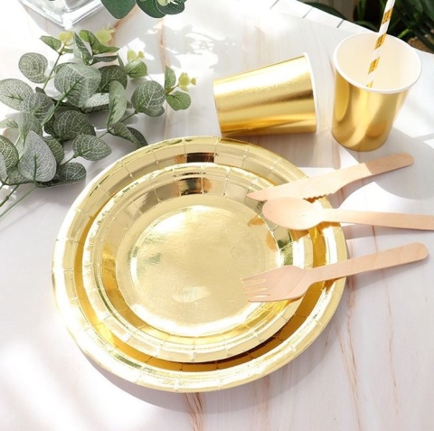 TALERZYKI I KUBECZKI ZŁOTE BŁYSZCZĄCE ZESTAW DLA 6os.