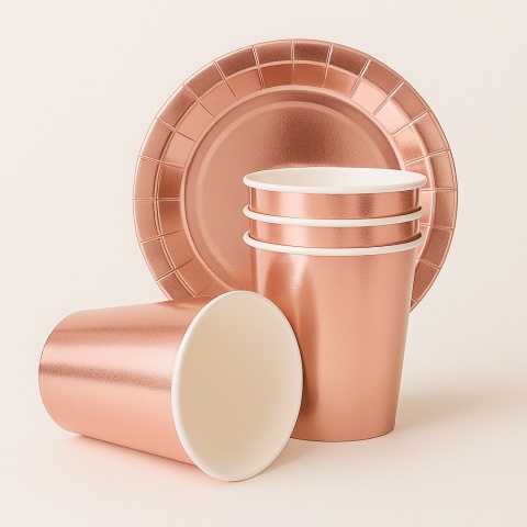 TALERZYKI I KUBECZKI RÓŻOWE ZŁOTO BŁYSZCZĄCE ZESTAW DLA 6os.