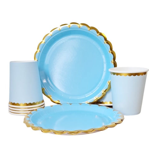 TALERZYKI I KUBECZKI NIEBIESKIE Z FALBANKĄ ZESTAW DLA 6os.