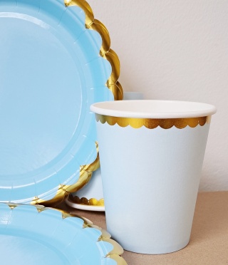 TALERZYKI I KUBECZKI NIEBIESKIE Z FALBANKĄ ZESTAW DLA 6os.