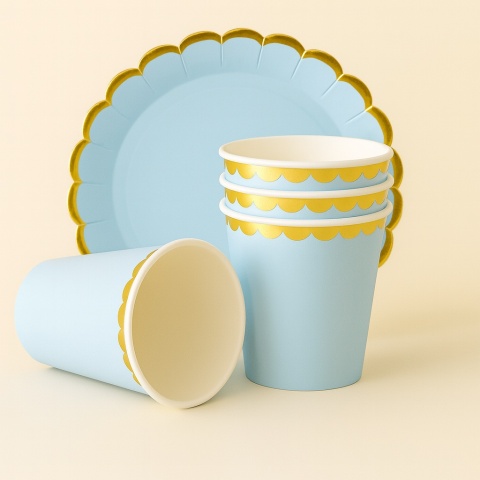 TALERZYKI I KUBECZKI NIEBIESKIE Z FALBANKĄ ZESTAW DLA 6os.