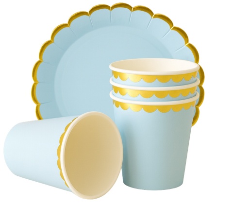 TALERZYKI I KUBECZKI NIEBIESKIE Z FALBANKĄ ZESTAW DLA 6os.