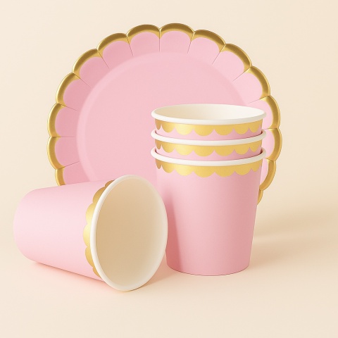 TALERZYKI I KUBECZKI RÓŻOWE Z FALBANKĄ ZESTAW DLA 6os.