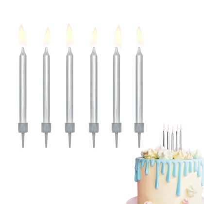 ŚWIECZKI URODZINOWE GŁADKIE SREBRNE 6szt. SREBRNE ŚWIECZKI 6cm