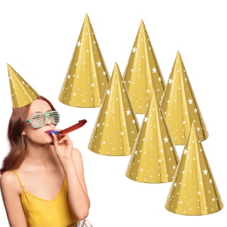 PAPIEROWE CZAPECZKI ZŁOTE W GWIAZDKI 6sztuk CZAPECZKI URODZINOWE