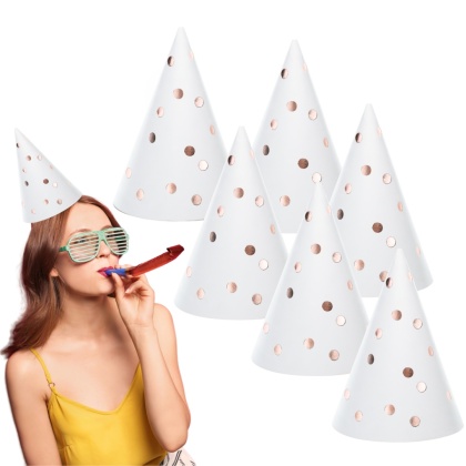 PAPIEROWE CZAPECZKI BIAŁE W KROPKI 6sztuk CZAPECZKI URODZINOWE