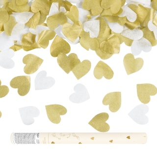 TUBA Z KONFETTI SERCA BIAŁE I ZŁOTE 35cm KONFETTI NA ŚLUB