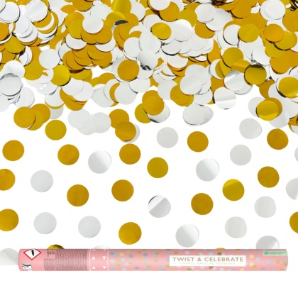 TUBA Z KONFETTI KÓŁKA SREBRNE I ZŁOTE 60cm METALICZNE KONFETTI