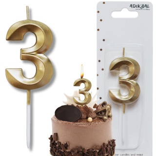 ŚWIECZKA CYFRA 3 ZŁOTA 5cm JASNE ZŁOTO ŚWIECZKA NA PIKU
