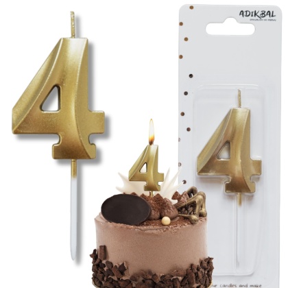 ŚWIECZKA CYFRA 4 ZŁOTA 5cm JASNE ZŁOTO ŚWIECZKA NA PIKU