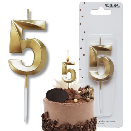ŚWIECZKA CYFRA 5 ZŁOTA 5cm JASNE ZŁOTO ŚWIECZKA NA PIKU