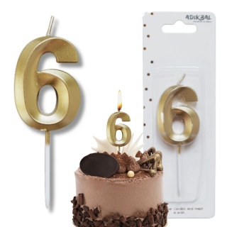 ŚWIECZKA CYFRA 6 ZŁOTA 5cm JASNE ZŁOTO ŚWIECZKA NA PIKU
