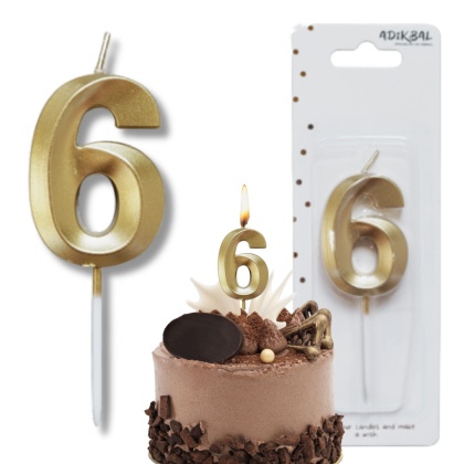 ŚWIECZKA CYFRA 6 ZŁOTA 5cm JASNE ZŁOTO ŚWIECZKA NA PIKU