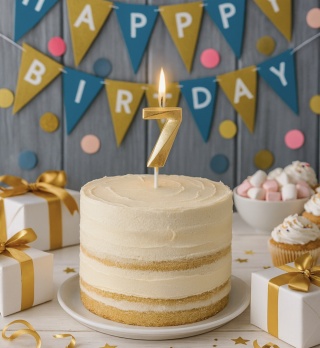 ŚWIECZKA CYFRA 7 ZŁOTA 5cm JASNE ZŁOTO ŚWIECZKA NA PIKU