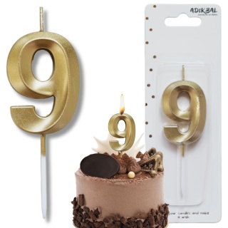 ŚWIECZKA CYFRA 9 ZŁOTA 5cm JASNE ZŁOTO ŚWIECZKA NA PIKU