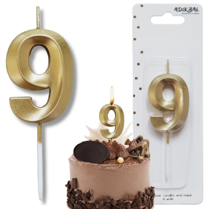 ŚWIECZKA CYFRA 9 ZŁOTA 5cm JASNE ZŁOTO ŚWIECZKA NA PIKU