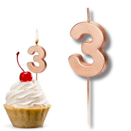 ŚWIECZKA URODZINOWA CYFRA 3 RÓŻOWE ZŁOTO 4,5cm ELEGANCKA ŚWIECZKA