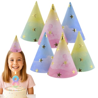 PAPIEROWE CZAPECZKI PASTELOWE W GWIAZDKI 6sztuk CZAPECZKI URODZINOWE