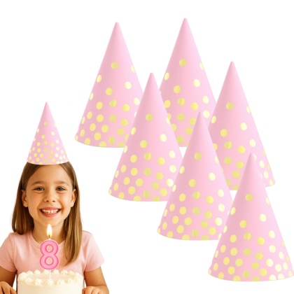 PAPIEROWE CZAPECZKI RÓŻOWE W ZŁOTE GROSZKI 6sztuk CZAPECZKI URODZINOWE