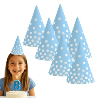 PAPIEROWE CZAPECZKI NIEBIESKIE W SREBRNE GROSZKI 6sztuk CZAPECZKI URODZINOWE