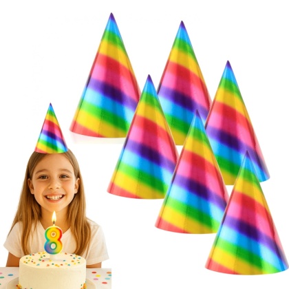 PAPIEROWE CZAPECZKI TĘCZOWE 6sztuk CZAPECZKI URODZINOWE
