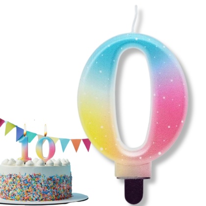 TĘCZOWA ŚWIECZKA CYFRA 0 KOLOROWA 8cm PASTELOWE OMBRE