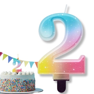 TĘCZOWA ŚWIECZKA CYFRA 2 KOLOROWA 8cm PASTELOWE OMBRE