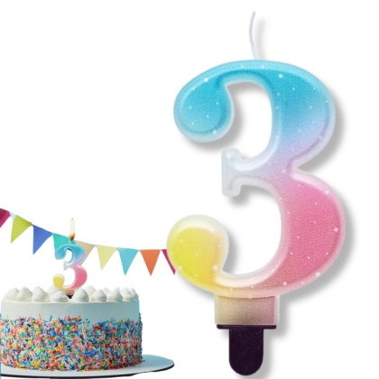 TĘCZOWA ŚWIECZKA CYFRA 3 KOLOROWA 8cm PASTELOWE OMBRE